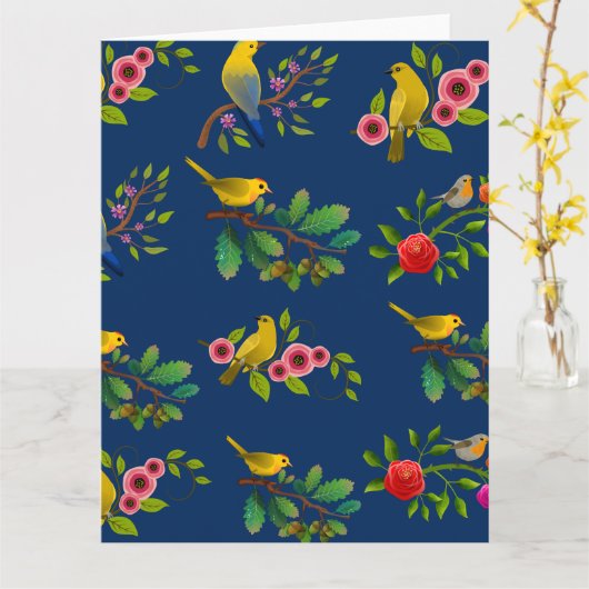 Blue Floral Bird Print Karte (Gelbe Blume)