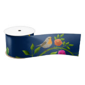 Blue Floral Bird Print Satinband (Spule)