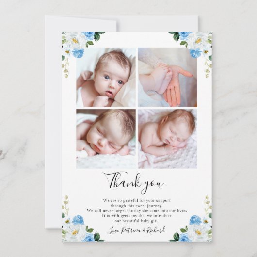 Blue Floral Birth Ankündigung Dankeschön Karte (Rückseite)