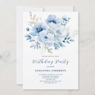 Blue Floral Birthday Einladung