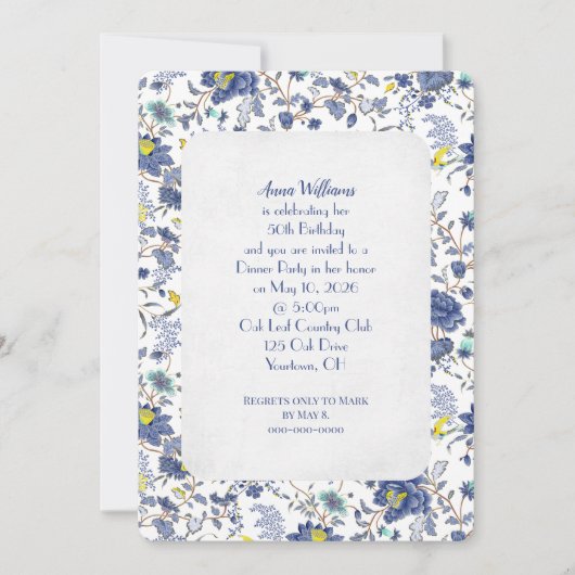 Blue Floral Birthday Party Einladung (Vorderseite)