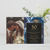Blue Floral Black and Gold 50 Jahre Foto Einladung (Stehend Vorderseite)