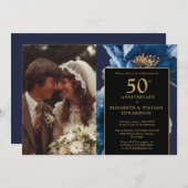 Blue Floral Black and Gold 50 Jahre Foto Einladung (Vorne/Hinten)