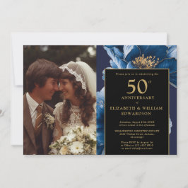 Blue Floral Black and Gold 50 Jahre Foto Einladung