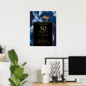 Blue Floral Black and Gold 50 Jahre Jubiläumszeich Poster (Heimbüro)
