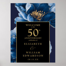 Blue Floral Black and Gold 50 Jahre Jubiläumszeich Poster