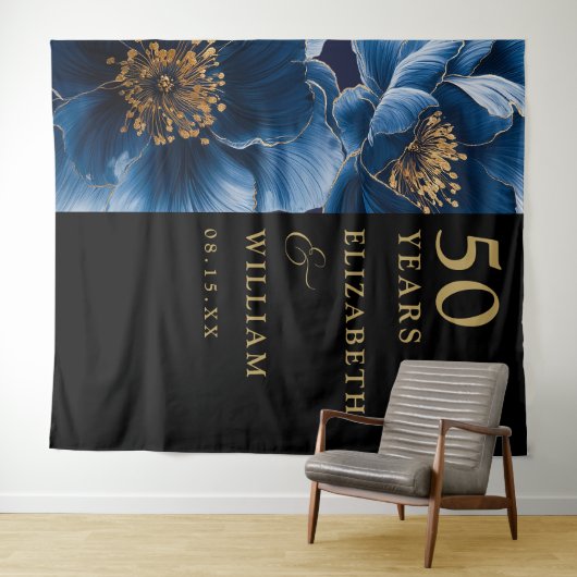 Blue Floral Black Gold 50 Jahre Jubiläum Hintergru Wandteppich (Beispiel (Horizontal))