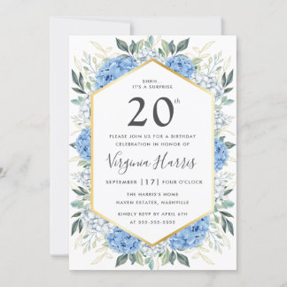 Blue Floral Blätter 20. Geburtstag Einladung