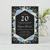 Blue Floral Blätter Black 20. Geburtstag Einladung (Stehend Vorderseite)