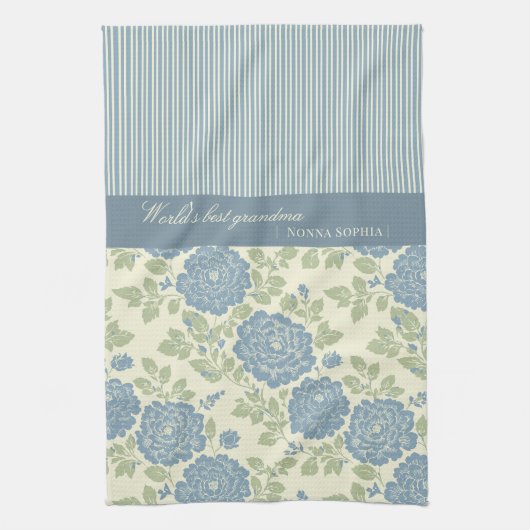 Blue Floral Block Print w Blue Stripes Geschirrtuch (Vertikal)