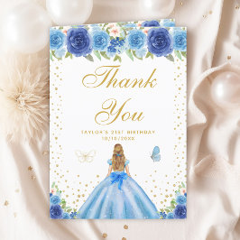 Blue Floral Blonde Hair Girl Geburtstagsparty Dankeskarte