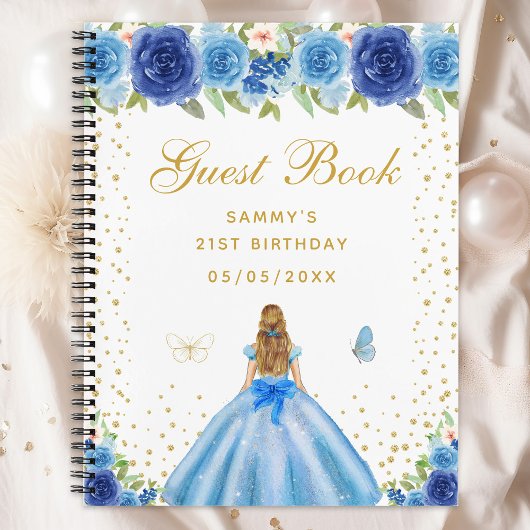 Blue Floral Blonde Hair Princess Gästebuch Notizblock