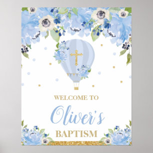 Blue Floral Blume Hot Air Ballon Taufe Willkommen Poster
