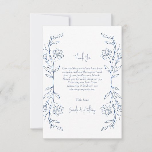 Blue Floral Boho Side Border Wedding Dankeskarte (Vorderseite)