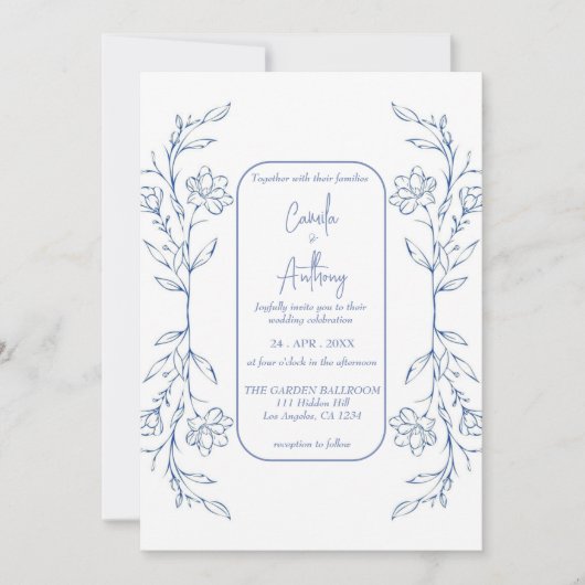Blue Floral Boho Side Border Wedding Einladung (Vorderseite)