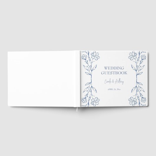 Blue Floral Boho Side Border Wedding Gästebuch (Voll)