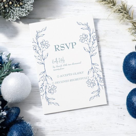 Blue Floral Boho Side Border Wedding RSVP Karte