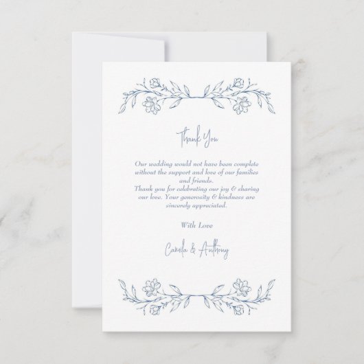 Blue Floral Boho Top Border Wedding Dankeskarte (Vorderseite)