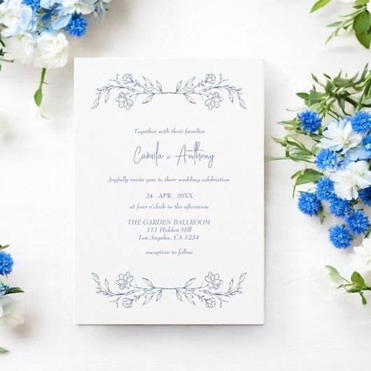 Blue Floral Boho Top Border Wedding Einladung