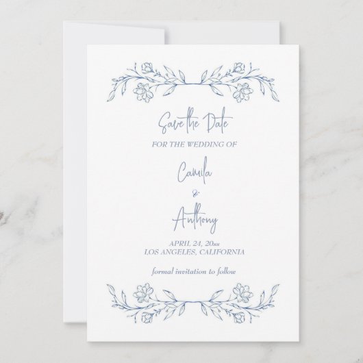 Blue Floral Boho Top Border Wedding Einladung (Vorderseite)