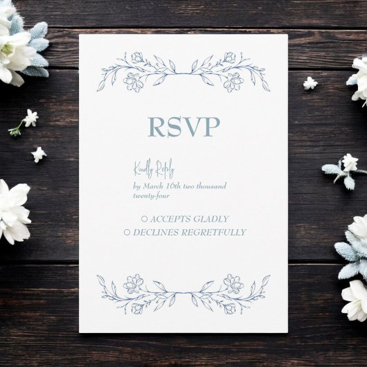 Blue Floral Boho Top Border Wedding RSVP Karte