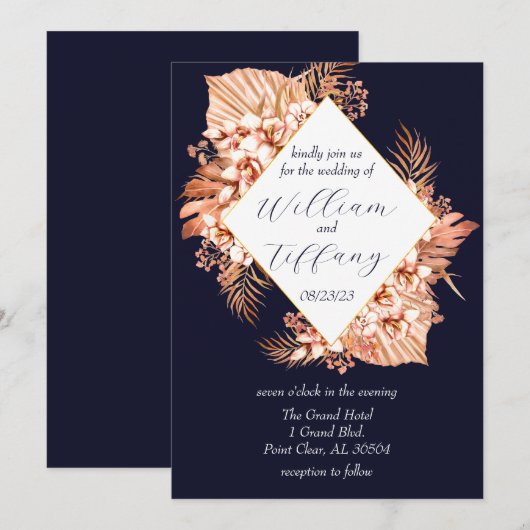 Blue Floral Boho Wedding Einladung (Vorne/Hinten)