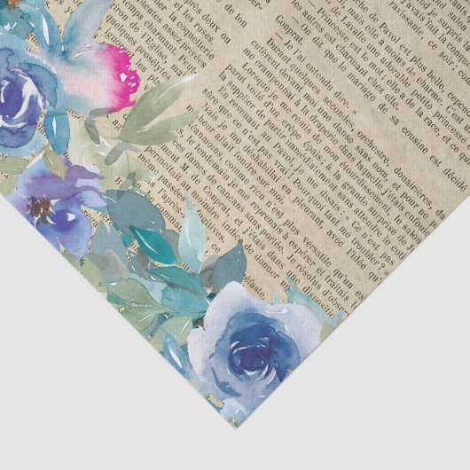 Blue Floral Book Page Decoupage Seidenpapier (Ausschnitt)