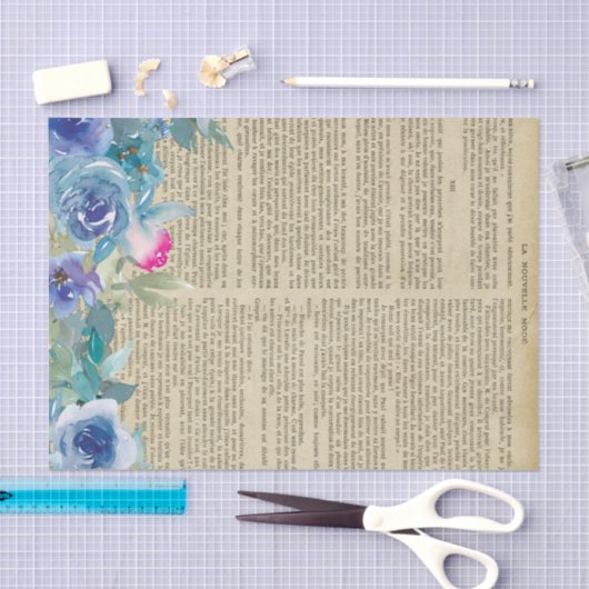 Blue Floral Book Page Decoupage Seidenpapier (Handwerk)