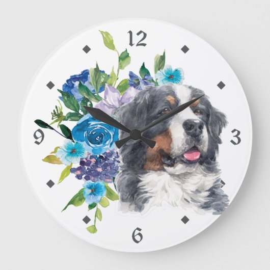 Blue Floral Bouquet Bernese Mountain Dog Große Wanduhr (Vorderseite)