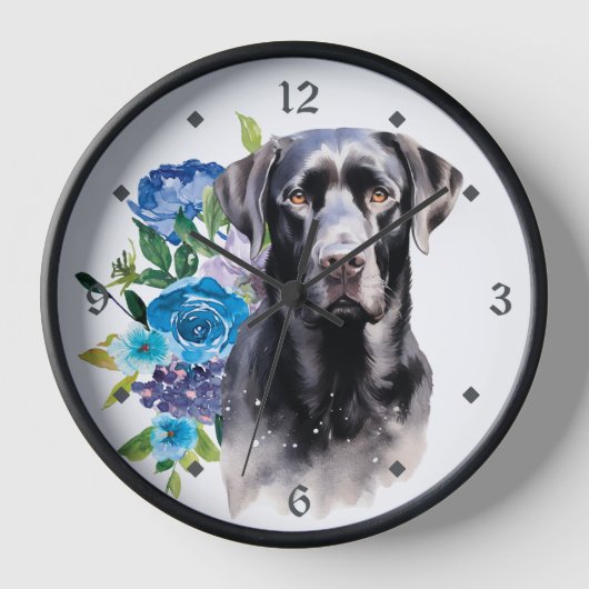 Blue Floral Bouquet Black Labrador Retriever Dog Uhr (Vorderseite)