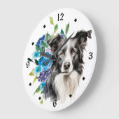Blue Floral Bouquet Border Collie Dog Große Wanduhr (Winkel)