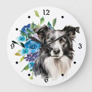Blue Floral Bouquet Border Collie Dog Große Wanduhr