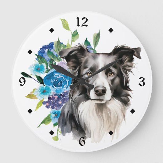 Blue Floral Bouquet Border Collie Dog Große Wanduhr (Vorderseite)