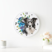 Blue Floral Bouquet Border Collie Dog Große Wanduhr (Zuhause)