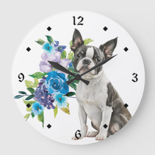Blue Floral Bouquet Boston Terrier Dog Große Wanduhr
