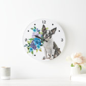 Blue Floral Bouquet Boston Terrier Dog Große Wanduhr (Zuhause)