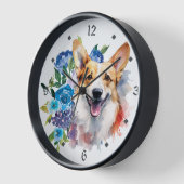 Blue Floral Bouquet Corgi Dog Uhr (Winkel)