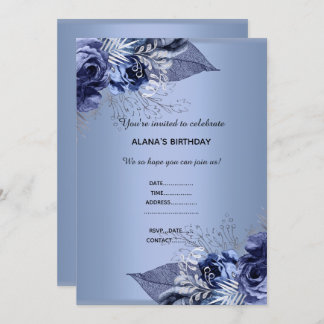 BLUE FLORAL BOUQUET ELEGANT JEDEN ANLASS PARTY EINLADUNG