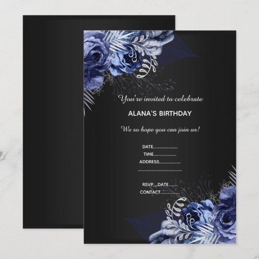 BLUE FLORAL BOUQUET ELEGANT JEDEN ANLASS SCHWARZ EINLADUNG (Vorne/Hinten)