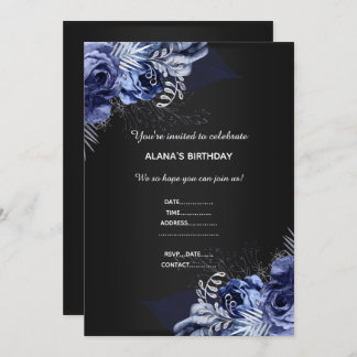 BLUE FLORAL BOUQUET ELEGANT JEDEN ANLASS SCHWARZ EINLADUNG