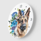Blue Floral Bouquet German Shepherd Dog Große Wanduhr (Winkel)