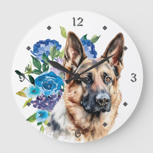 Blue Floral Bouquet German Shepherd Dog Große Wanduhr (Vorderseite)