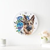 Blue Floral Bouquet German Shepherd Dog Große Wanduhr (Zuhause)