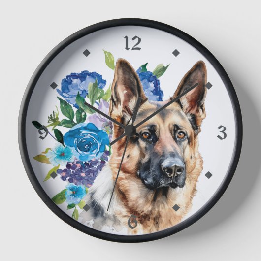 Blue Floral Bouquet German Shepherd Dog Uhr (Vorderseite)