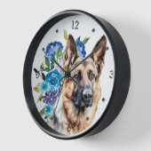 Blue Floral Bouquet German Shepherd Dog Uhr (Winkel)