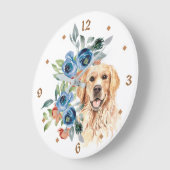Blue Floral Bouquet Golden Retriever Große Wanduhr (Winkel)
