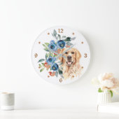 Blue Floral Bouquet Golden Retriever Große Wanduhr (Zuhause)