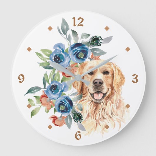 Blue Floral Bouquet Golden Retriever Große Wanduhr (Vorderseite)