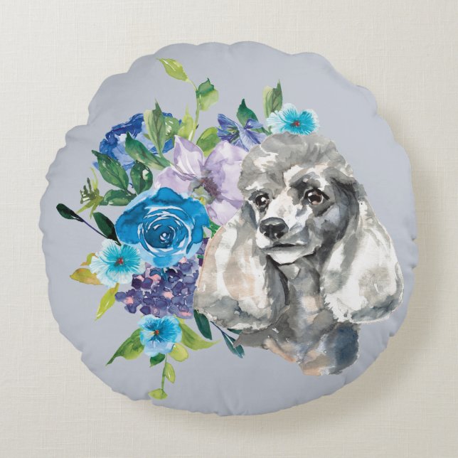 Blue Floral Bouquet Gray Poodle Rundes Kissen (Vorderseite)