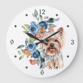 Blue Floral Bouquet Yorkshire Terrier Dog Große Wanduhr